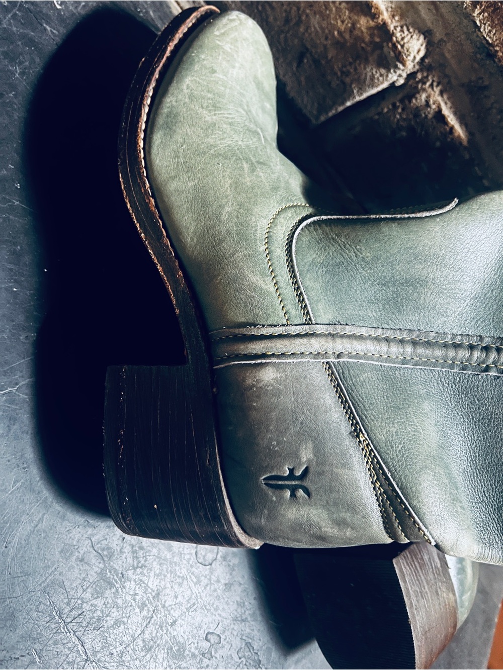 Frye Sage Green Leather knee high Heeled Boots - Picture 2 of 6